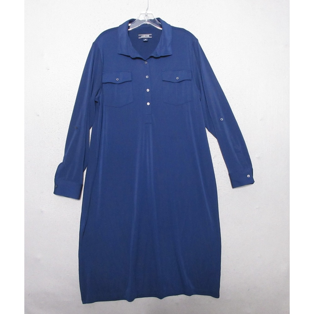 Lands End Shirt Dress Plus 1X Blue Tabbed Sleeve Comfort Travel Career Midi